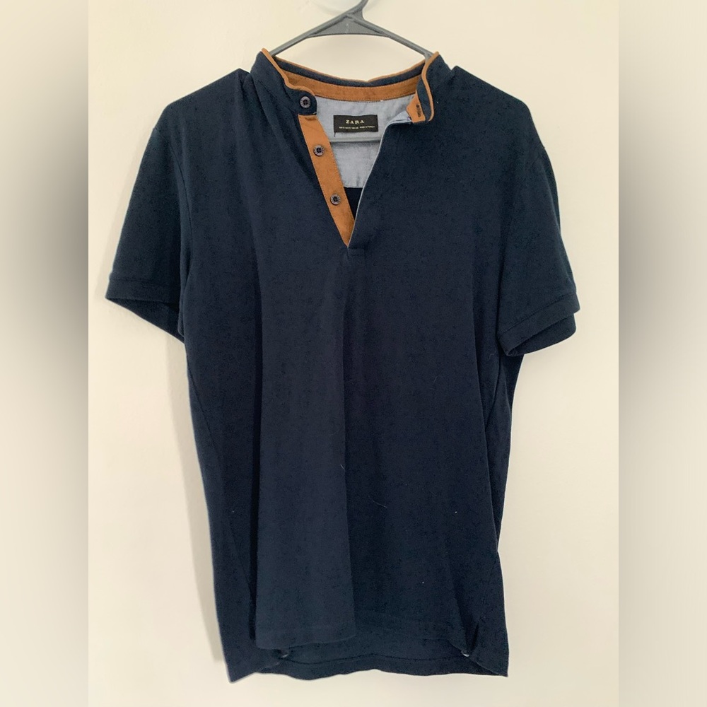 Zara Men's Dark Blue Polo with Tan Accents